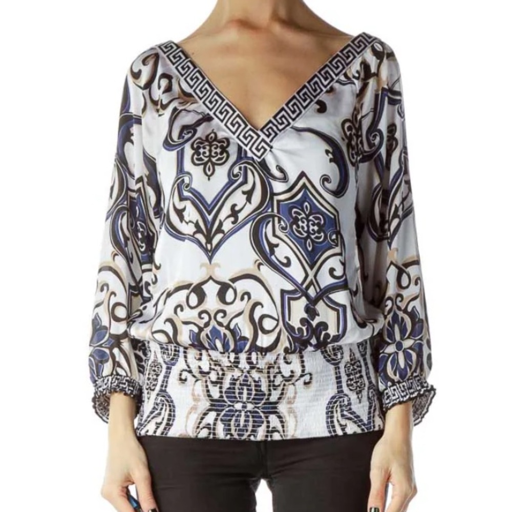 White House Black Market Floral Greek Key Double-V Neckline smocked blouse XXS